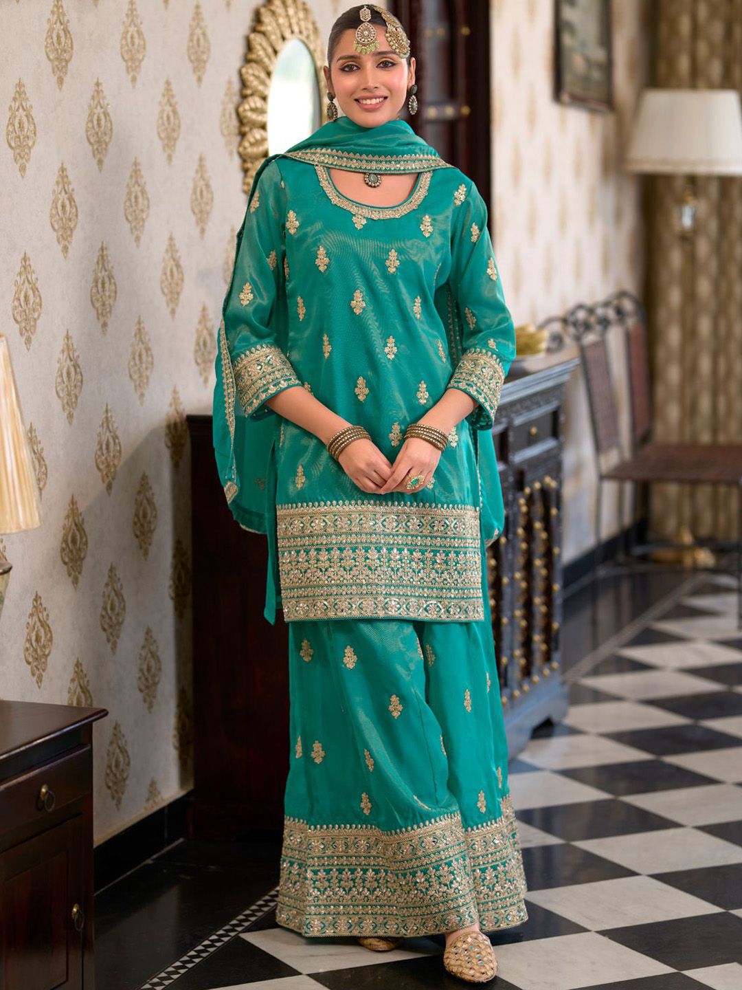 Women Ethnic Motifs Embroidered Mirror Work Kurta with Palazzos & With Dupatta