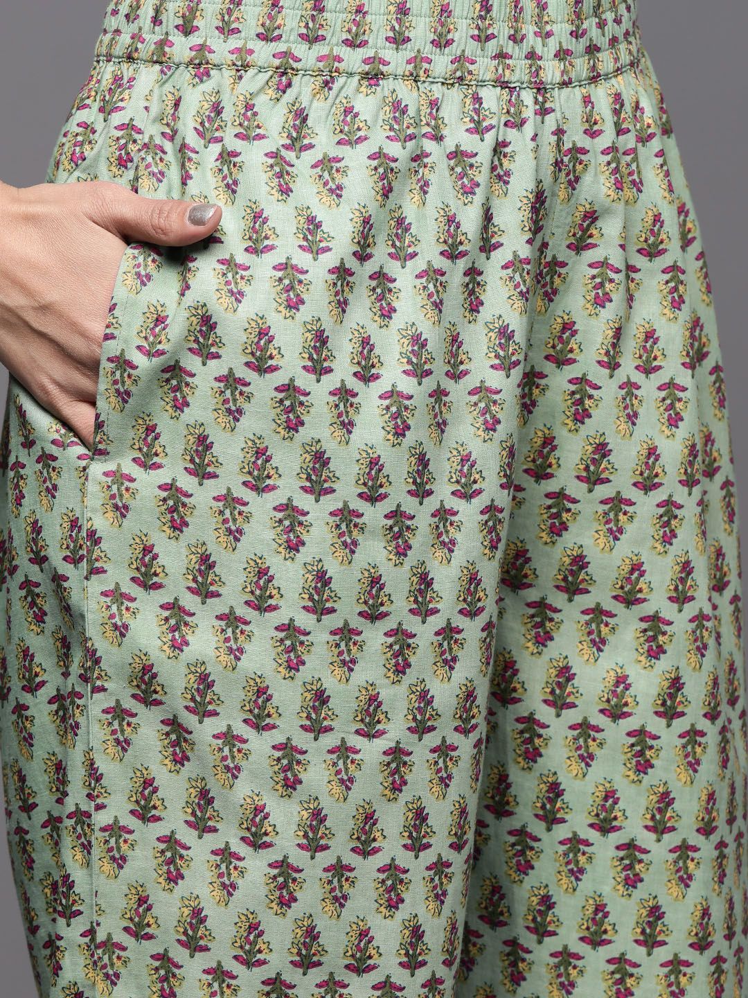Dhiyona VA Women'sGreen & Pink Floral Print Pure Cotton Kurta with Trousers & With Dupatta