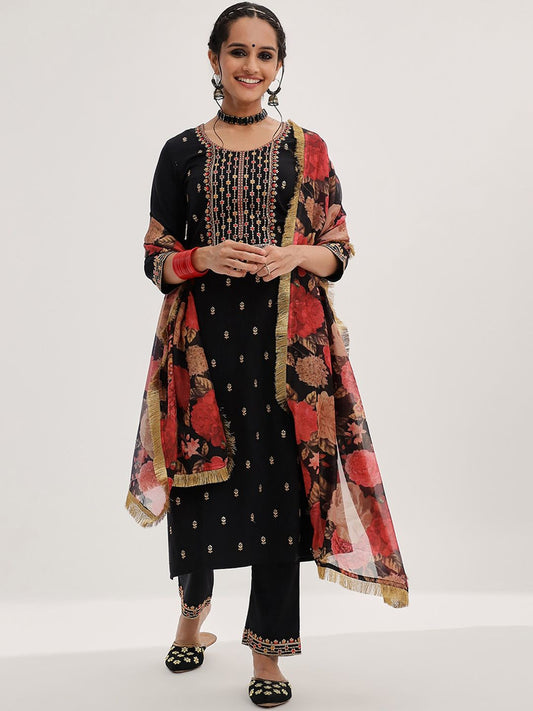 Dhiyona VA Women'sBlack Ethnic Motifs Embroidered Sequinned Straight Kurta & Trousers With Dupatta