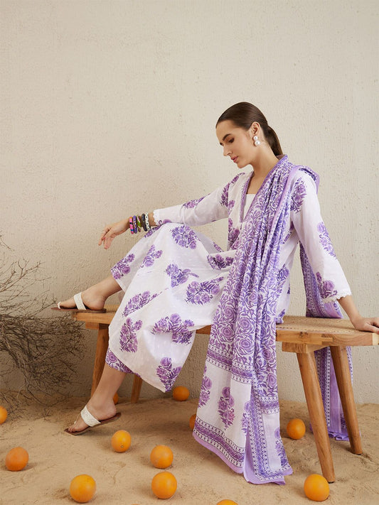 Dhiyona IE Women Floral Printed Panelled Pure Cotton Kurta with Palazzos & With Dupatta