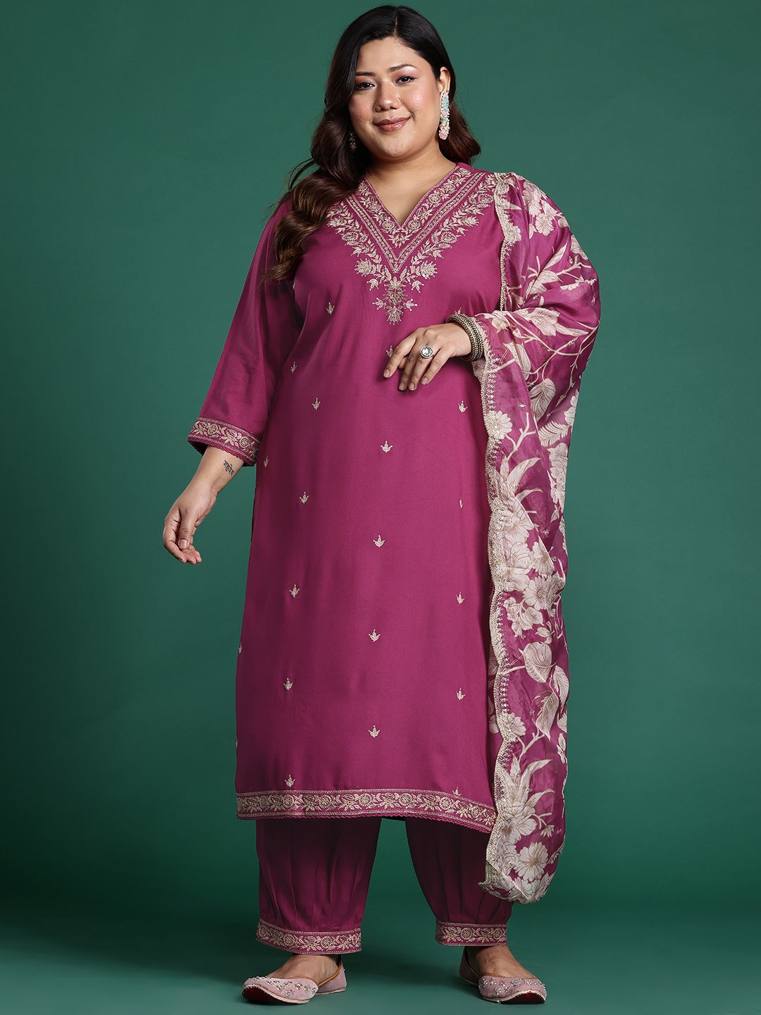 Plus Size Floral Zari Embroidered Kurta with Salwar & With Dupatta