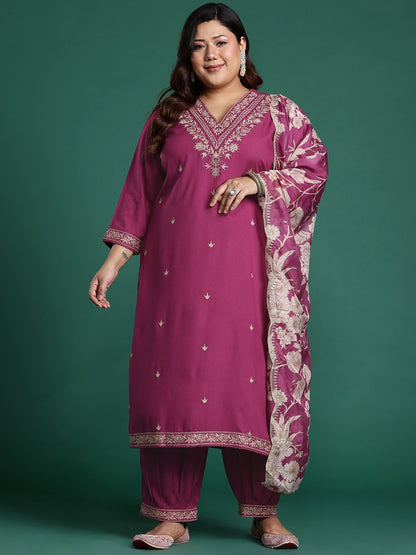Plus Size Floral Zari Embroidered Kurta with Salwar & With Dupatta
