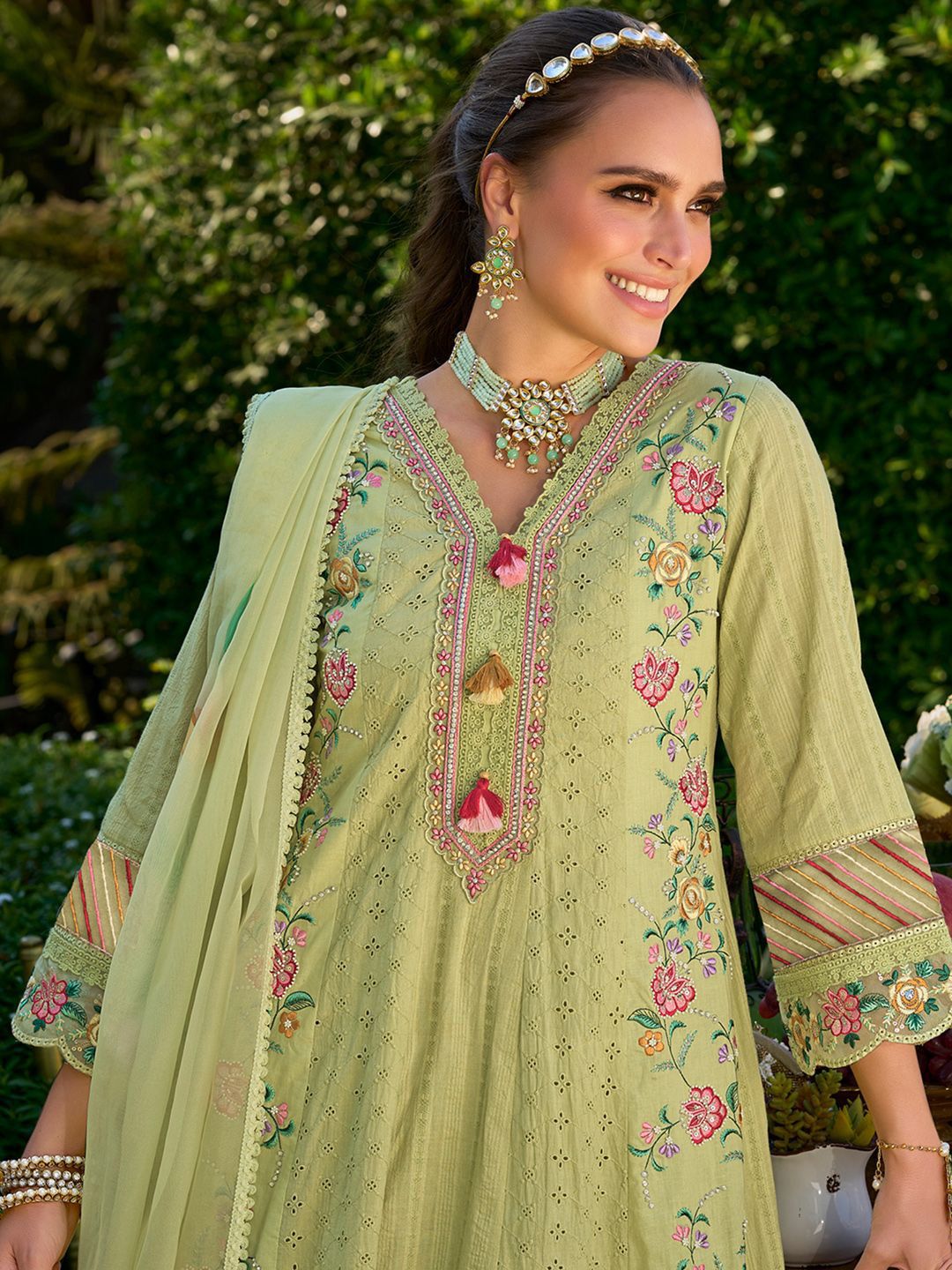 Women Floral Embroidered Cotton Kurta with Trousers & Dupatta