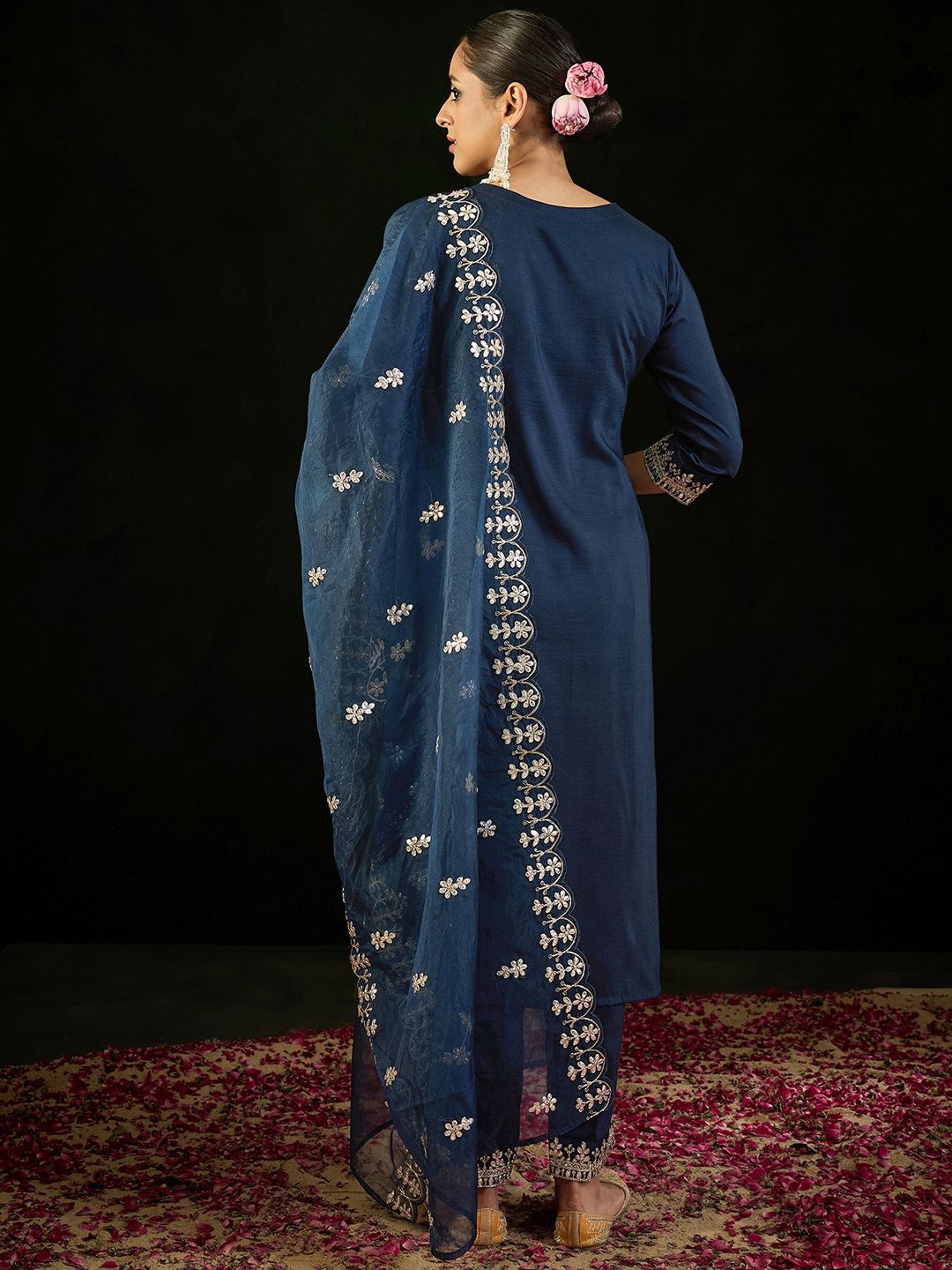 Dhiyona IE Notched Neck Ethnic Motifs Embroidered Gotta Patti Kurta with Trouser & Dupatta