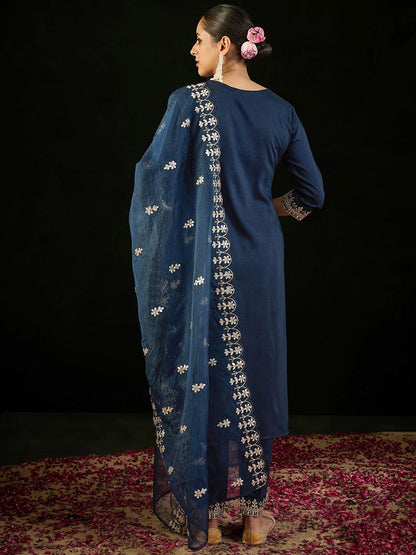 Dhiyona IE Notched Neck Ethnic Motifs Embroidered Gotta Patti Kurta with Trouser & Dupatta