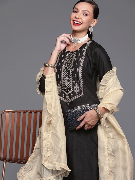 Dhiyona IE Women Black Ethnic Motifs Embroidered Yoke Design Kurta with Trousers & Dupatta