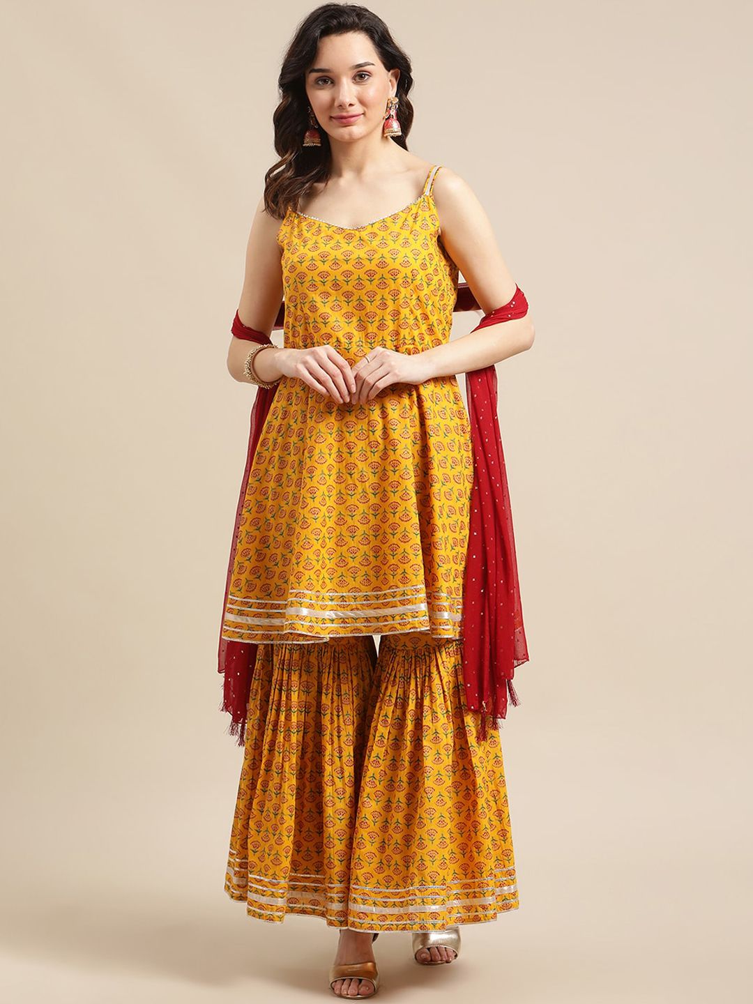 Dhiyona VA Women's Mustard Yellow Ethnic Motifs Empire Gotta Patti Pure Cotton Kurti with Sharara & With Dupatta