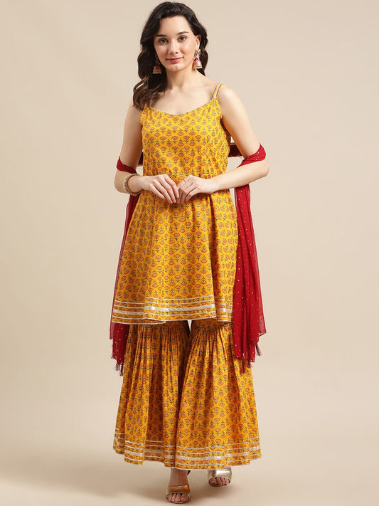 Dhiyona VA Women's Mustard Yellow Ethnic Motifs Empire Gotta Patti Pure Cotton Kurti with Sharara & With Dupatta