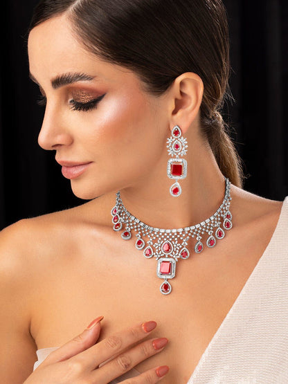 Dhiyona RJ Women's Rhodium-Plated Ruby Pink & White Cubic Zirconia Handcrafted Premium Jewellery Set