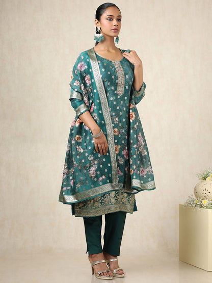 Dhiyona SO Women's Floral Brocade Woven Design Art Silk Straight Kurta With Trousers & Dupatta