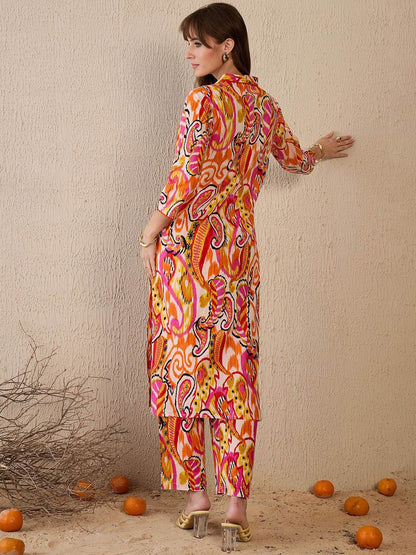 Dhiyona IE Women Printed Panelled Pure Cotton Kurta with Trousers