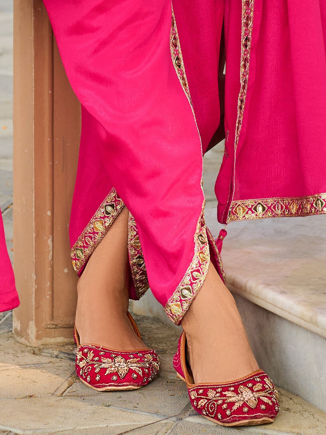 Floral Embroidered Mirror Work Sequinned Anarkali Kurta With Dhoti & Dupatta