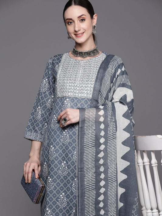 Dhiyona IE Bandhani Printed Regular Thread Work Pure Cotton Kurta With Trousers & Dupatta
