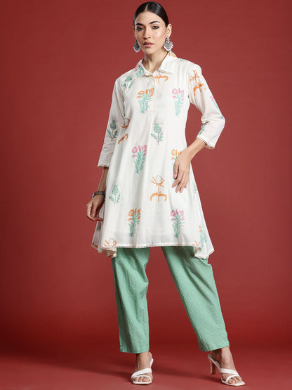 Dhiyona IE Floral Printed Pure Cotton Kurti with Trousers