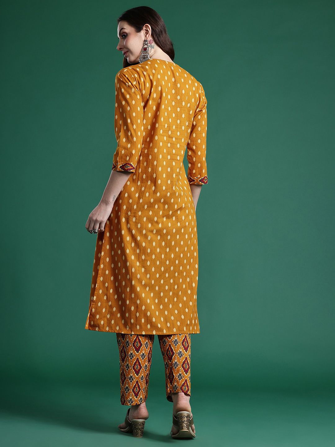 Dhiyona IE Women Printed Pleated Mirror Work Pure Cotton Kurta with Trousers