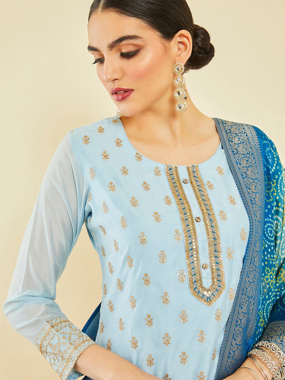 Dhiyona SO Women's Ethnic Motifs Embroidered Sequinned Chanderi Silk Kurta With Trousers & Dupatta