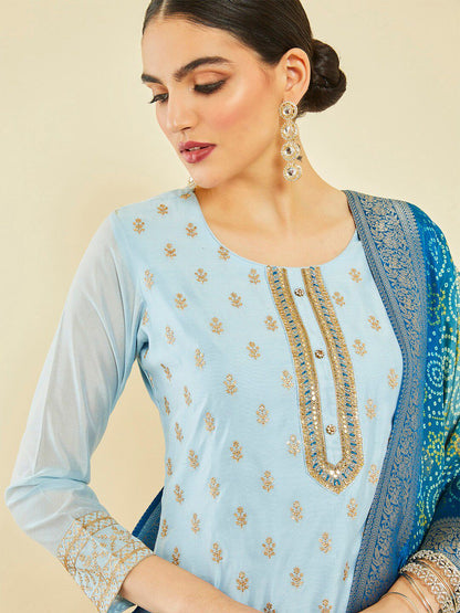 Dhiyona SO Women's Ethnic Motifs Embroidered Sequinned Chanderi Silk Kurta With Trousers & Dupatta