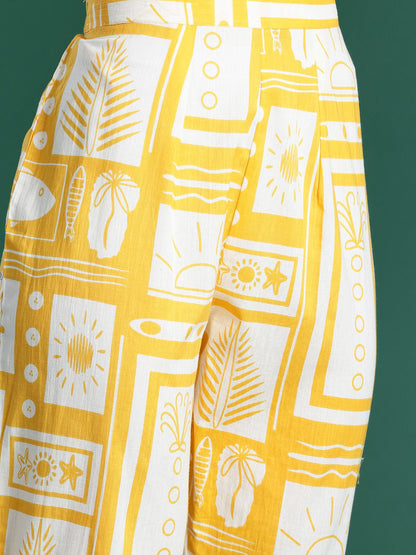 Dhiyona IE Geometric Printed Pleated Pure Cotton Kurta with Trousers