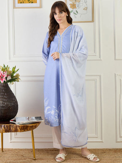 Women Floral Printed Linen Kurta with Trousers & Dupatta