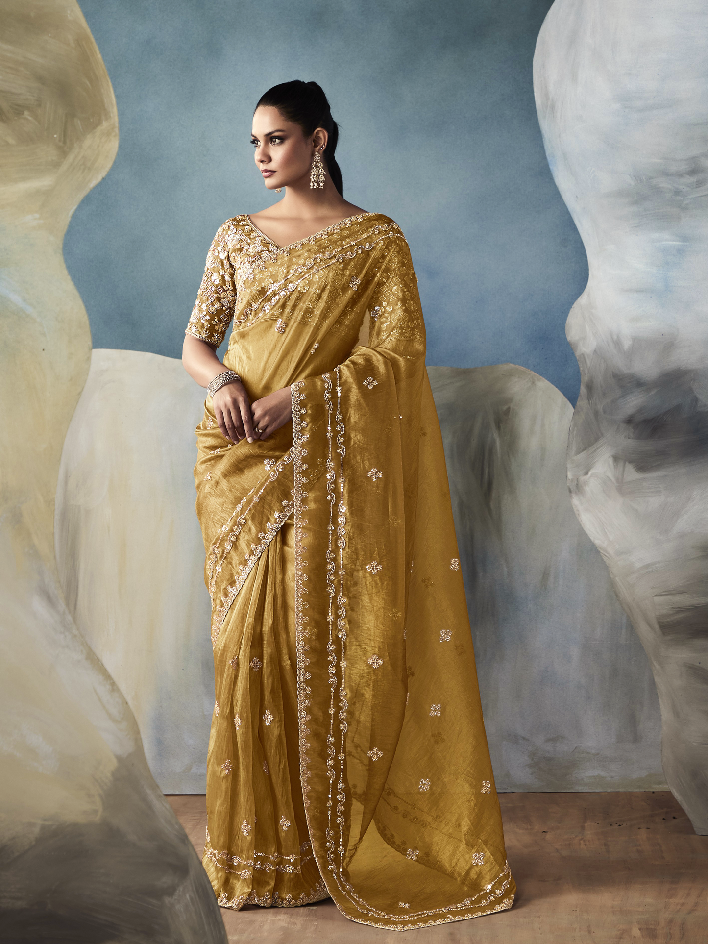 Dhiyona KM Women Tissue Embroidered Fancy Heavy Border Saree