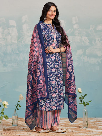 Dhiyona VA Women's Ethnic Motifs Printed Regular Kurta with Trousers & With Dupatta