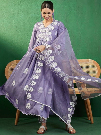Dhiyona SN Women's Alia Cut Embroidered A-Line Kurta With Trouser & Dupatta
