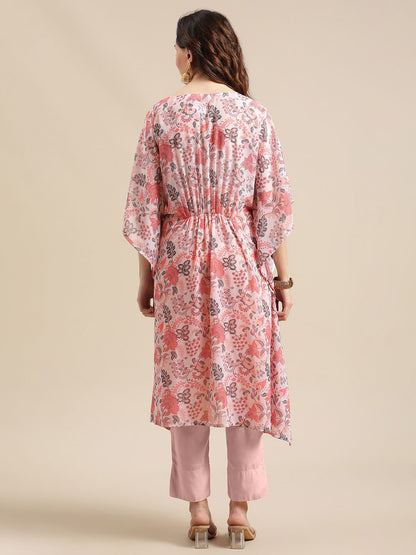 Dhiyona VA Women's Peach-Coloured & Pink Floral Printed Kaftan Kurta With Trousers