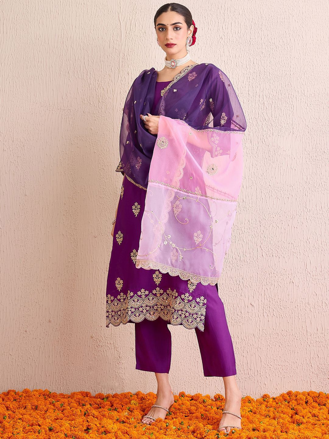 Dhiyona IE Women Ethnic Motifs Embroidered Regular Kurta with Trousers & With Dupatta