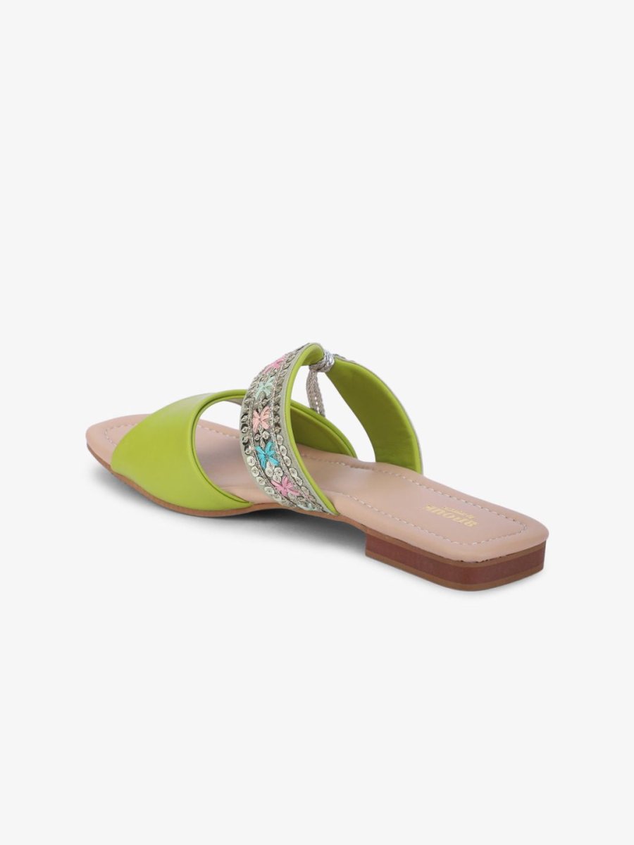 Dhiyona AK Green & Silver-Toned Embroidered Open Toe Flats