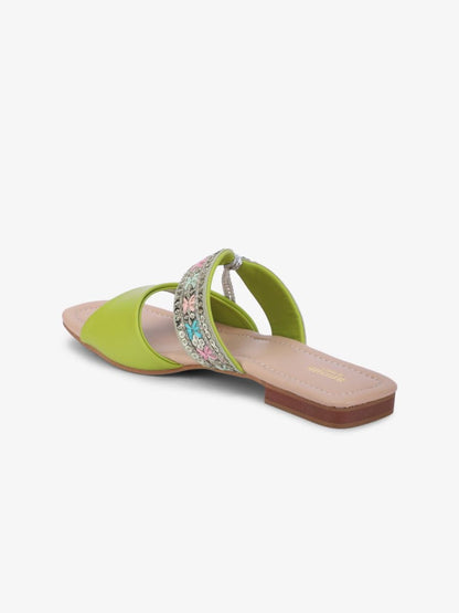 Dhiyona AK Green & Silver-Toned Embroidered Open Toe Flats