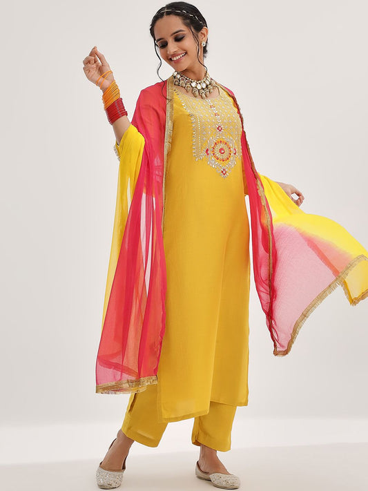 Dhiyona VA Women'sYellow Yoke Design Ethnic Motifs Straight Kurta & Trousers With Dupatta