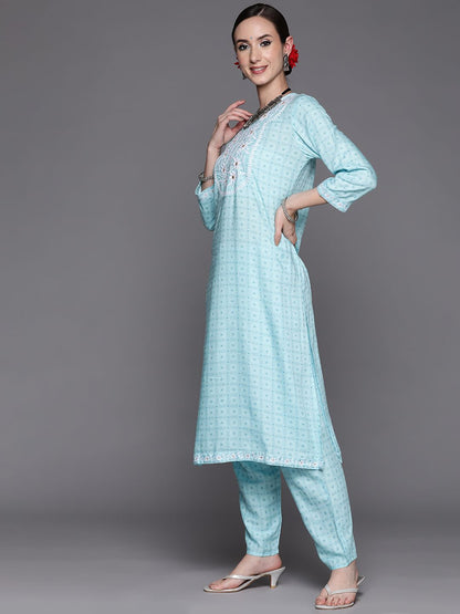 Dhiyona IE Women Turquoise Blue Floral Embroidered Mirror Work Chanderi Silk Kurta with Trousers & With