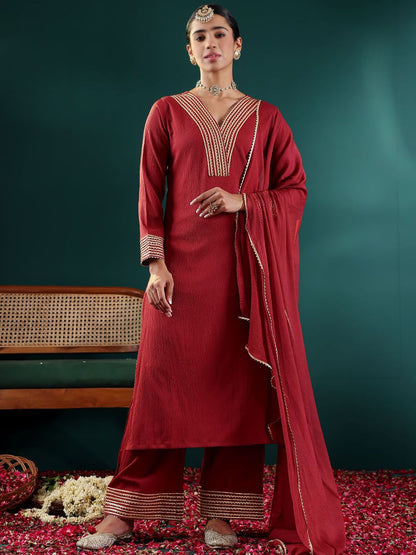 Dhiyona VA Women's Yoke Design Regular Gotta Patti Silk Crepe Kurta with Trousers & With Dupatta