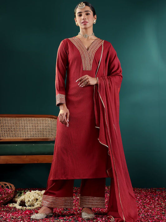 Dhiyona VA Women's Yoke Design Regular Gotta Patti Silk Crepe Kurta with Trousers & With Dupatta