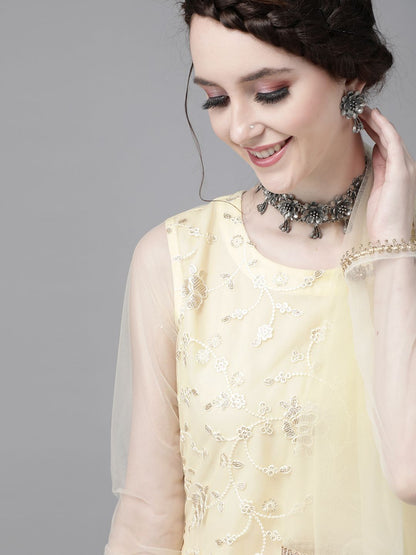 Dhiyona IE Women Yellow Ethnic Motifs Embroidered Thread Work Kurta with Trousers & Dupatta