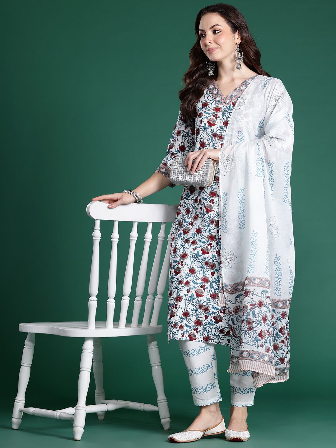 Dhiyona IE Floral Printed Pure Cotton Kurta With Trousers & Dupatta