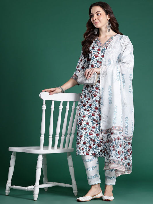 Dhiyona IE Floral Printed Pure Cotton Kurta With Trousers & Dupatta