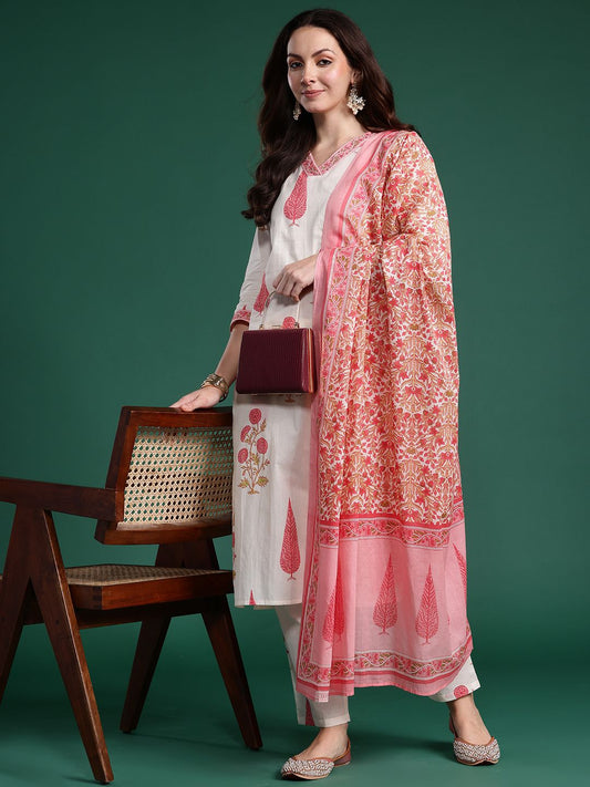 Dhiyona IE Floral Printed Regular Pure Cotton Kurta with Trousers & With Dupatta
