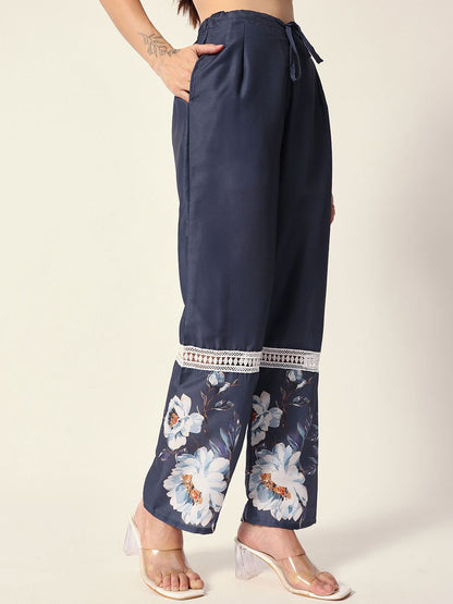 Dhiyona IS Women's Floral Printed Mandarin Collar Straight Kurta With Trousers