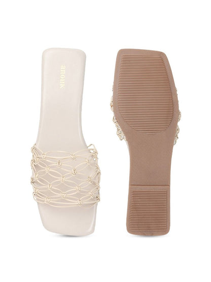 Dhiyona AK White Textured Open Toe Flats