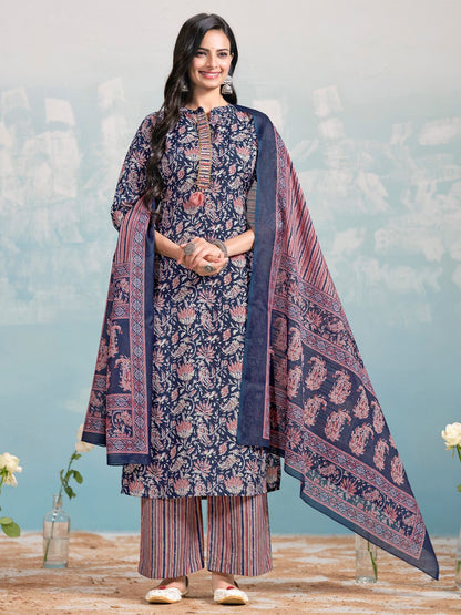 Dhiyona VA Women's Ethnic Motifs Printed Regular Kurta with Trousers & With Dupatta