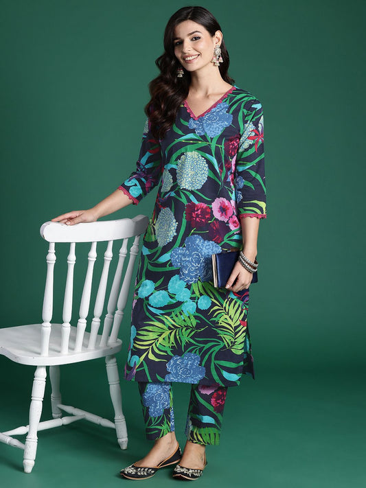 Dhiyona IE Women Floral Printed Regular Pure Cotton Kurta with Trousers