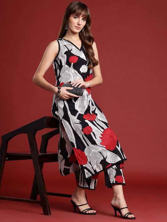 Dhiyona IE Floral Printed Lace Detailed Pure Cotton Kurta with Trousers