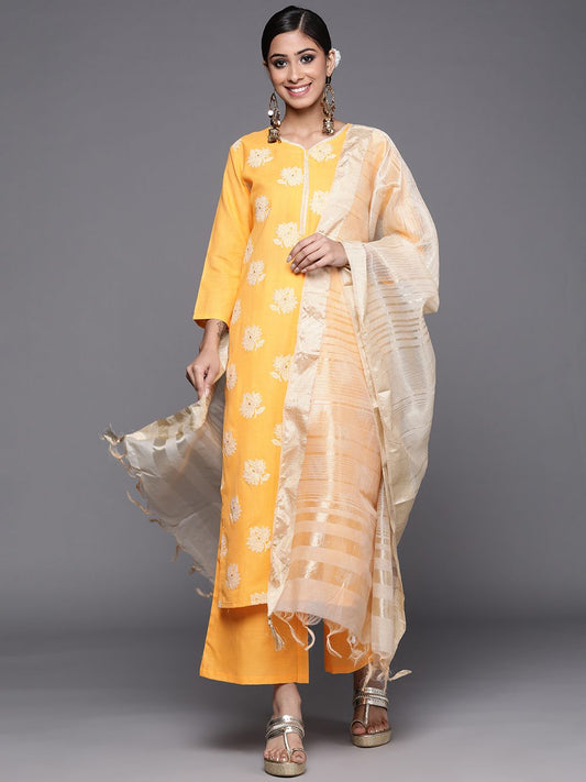 Dhiyona IE Women Yellow Floral Embroidered Kurta with Palazzos & Dupatta