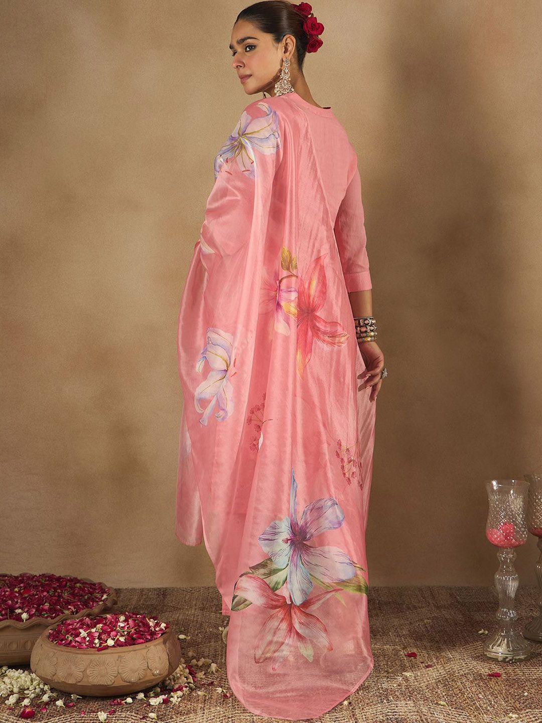 Dhiyona IE Women Floral Embroidered Thread Work Pure Cotton Kurta with Trousers & Dupatta