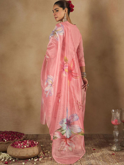 Dhiyona IE Women Floral Embroidered Thread Work Pure Cotton Kurta with Trousers & Dupatta