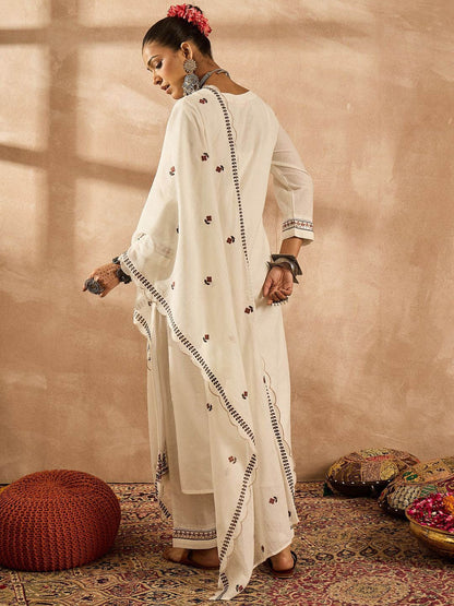 Dhiyona IE Women Floral Embroidered Regular Thread Work Pure Cotton Kurta with Trousers & With Dupatta