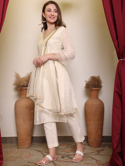 Dhiyona PD Women Floral Woven Design V-Neck Straight Kurta With Trouser & Dupatta
