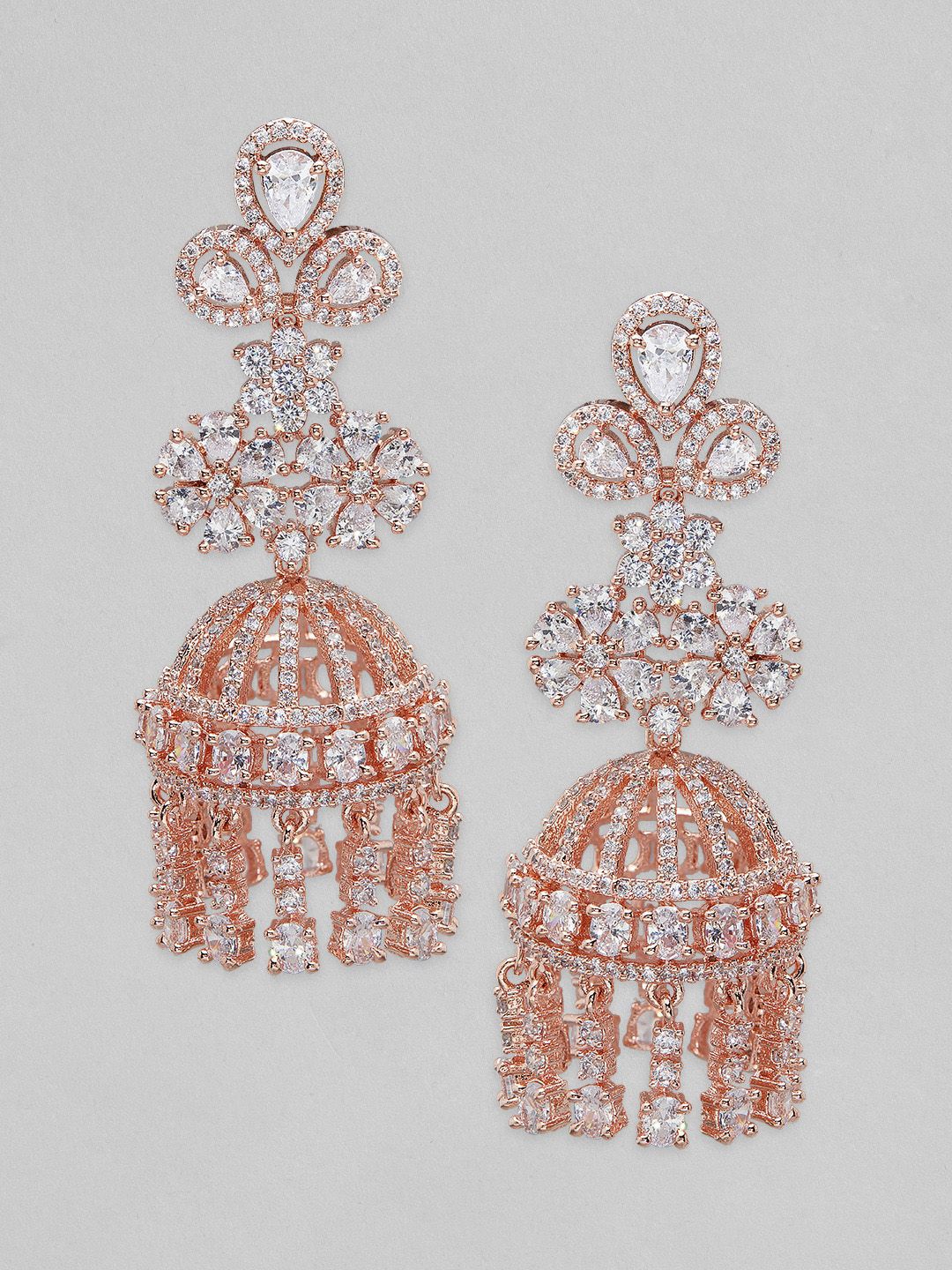 Dhiyona RJ Women's 22K Rose Gold-Plated AAA Cubic Zirconia Studded Dome-Shaped Jhumkas Earrings