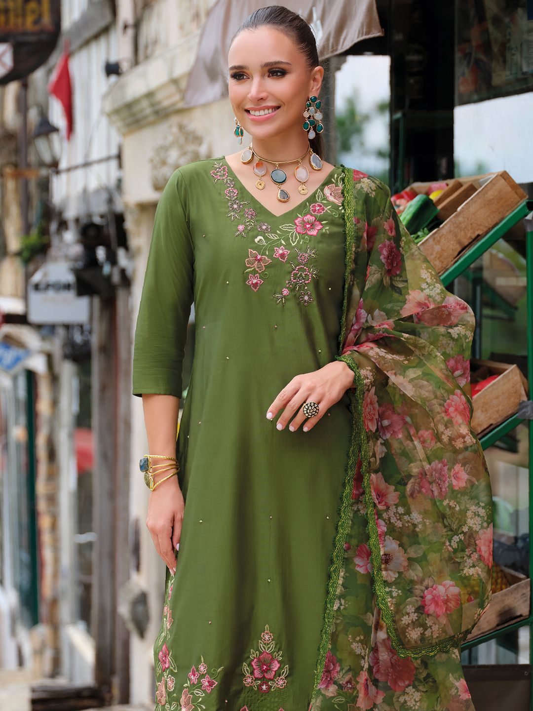 Floral Embroidered V-Neck Thread Work Liva Straight Kurta & Trousers With Dupatta